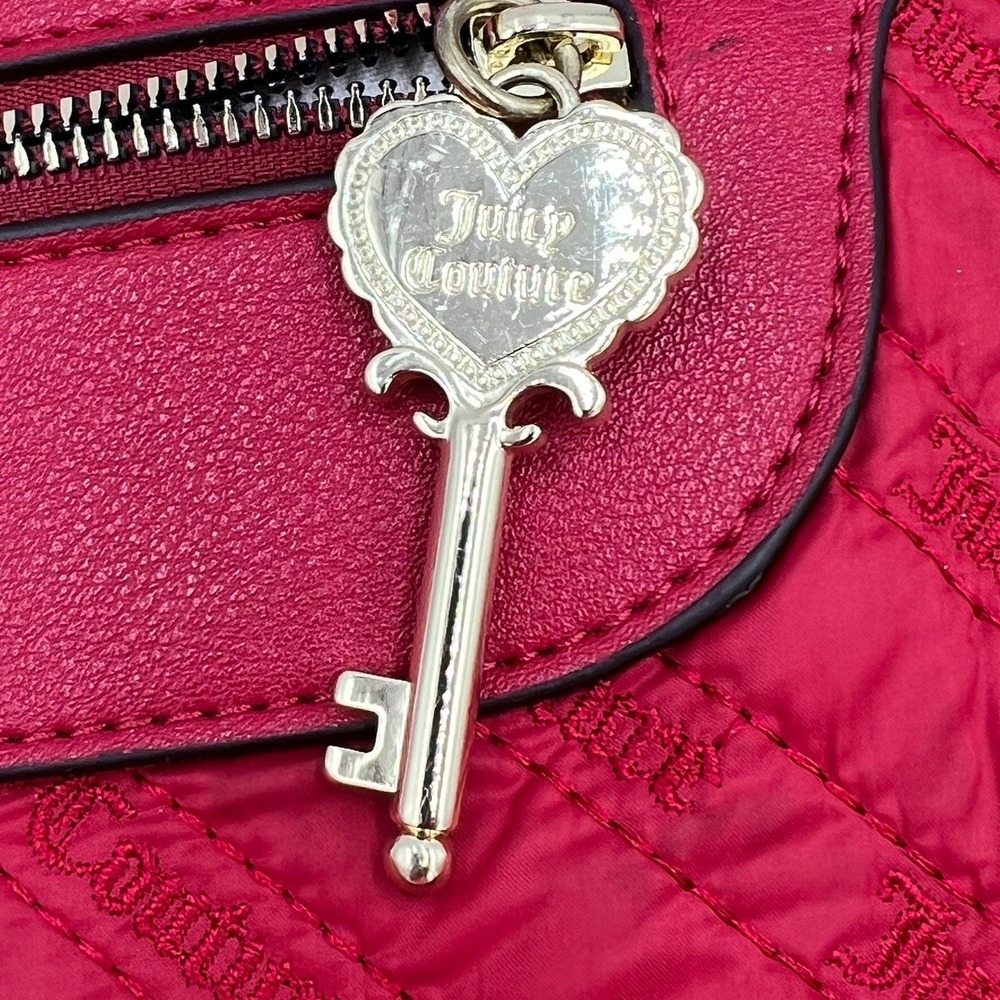 Juicy Couture Satchel Bag Women Large Red Good Quilted Nylon Crossbody Key Charm - Picture 4 of 11